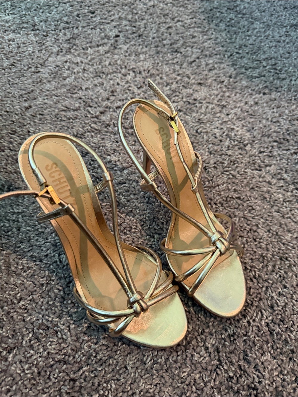SCHUTZ Metallic Gold Knotted Strappy High Heels